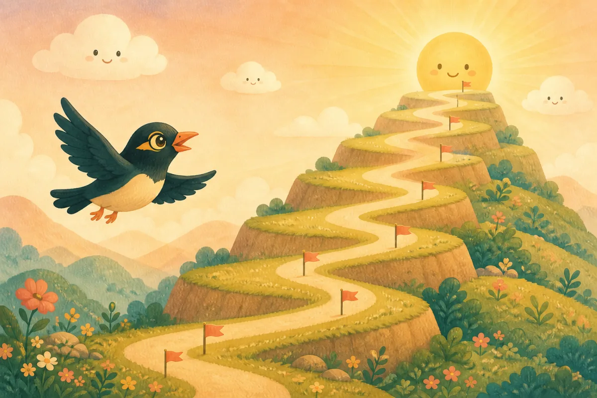 A path climbing nine gentle hills, the myna bird flying alongside