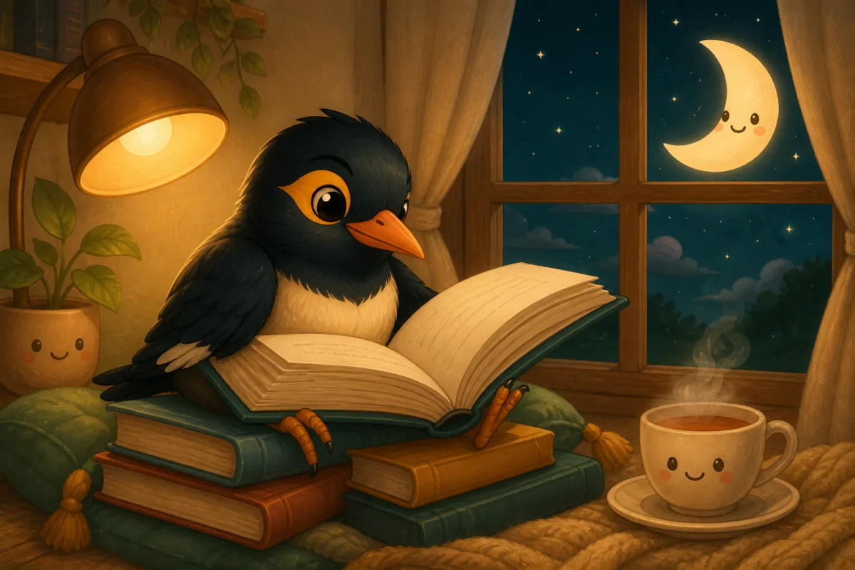The myna bird reading a big book under a warm lamp