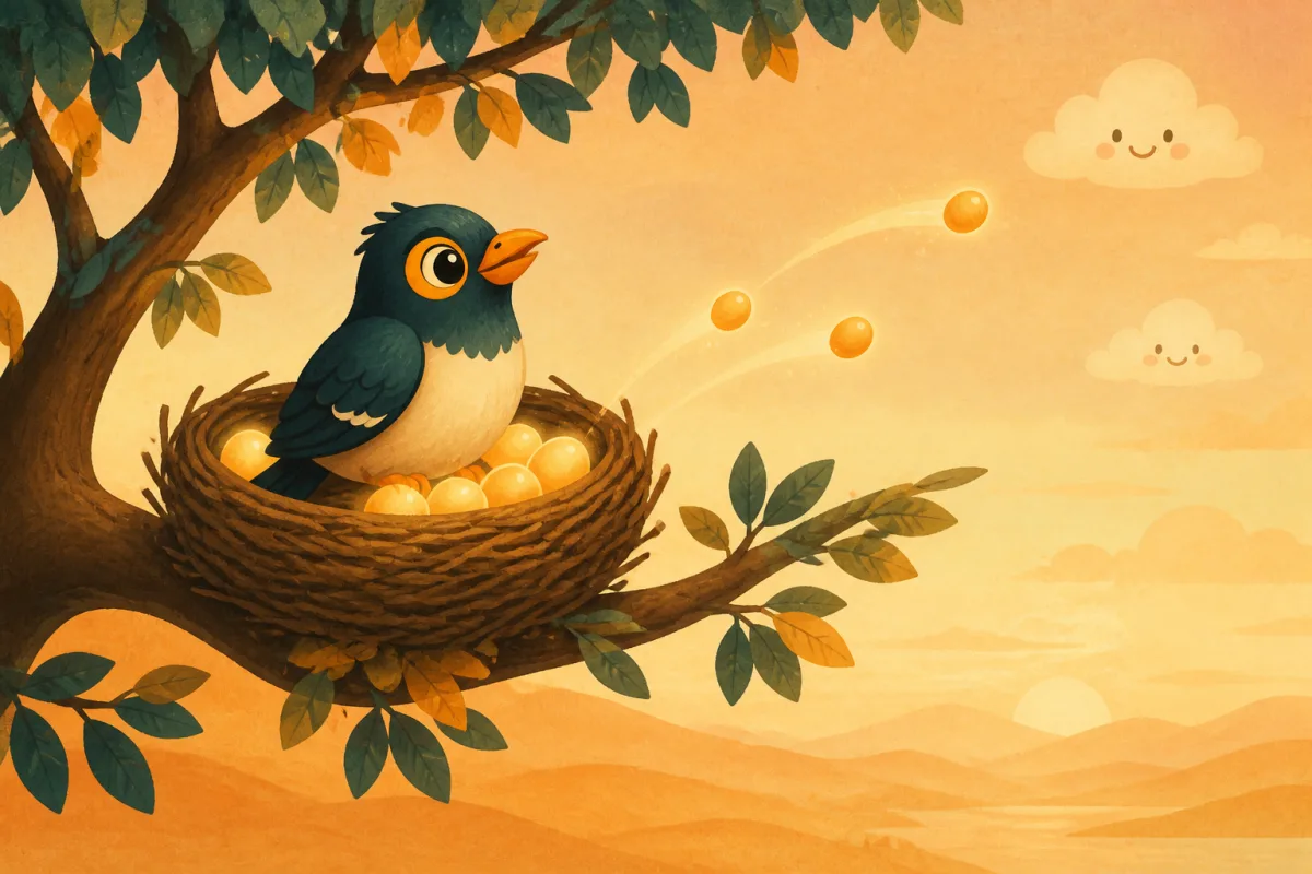 The myna bird resting in a cozy nest full of softly glowing word pebbles, with a few pebbles flying back home